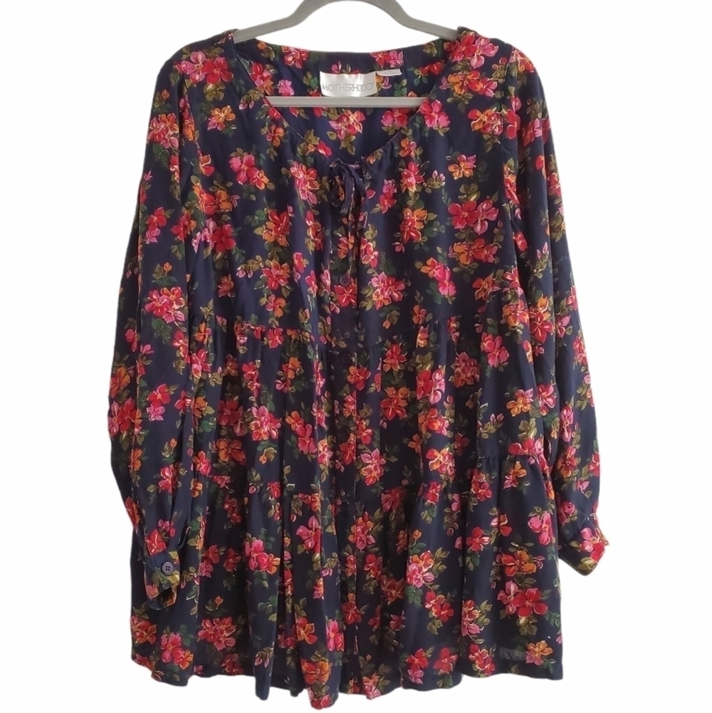 VTG Motherhood‎ Floral Navy Tiered Button Blouse